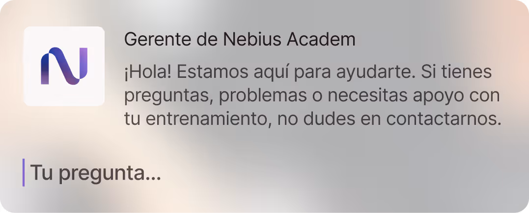 Chat interface from Nebius Academ manager offering help and support with training, prompting 'Your question...'.