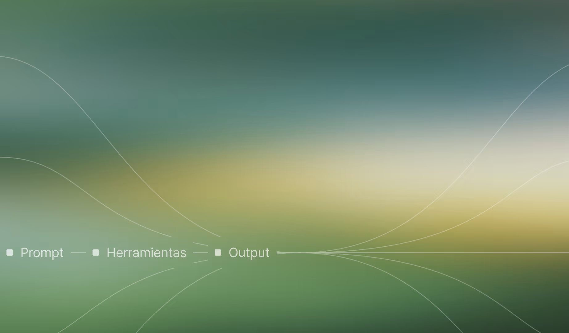 Abstract blurred green and yellow background with white curved lines and text labels Prompt, Herramientas, Output.