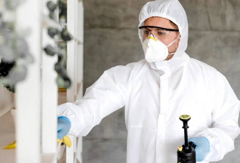 Man in hazmat suit conducting air quality test.