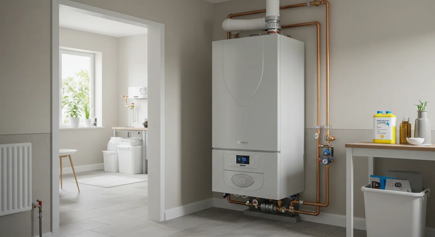 Wall-mounted modern boiler system with copper pipes in utility room featuring tiled floor and adjacent laundry area