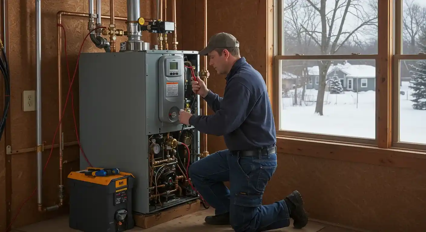 Technician kneeling to repair a furnace in a wooden room with snowy landscape visible through large windows