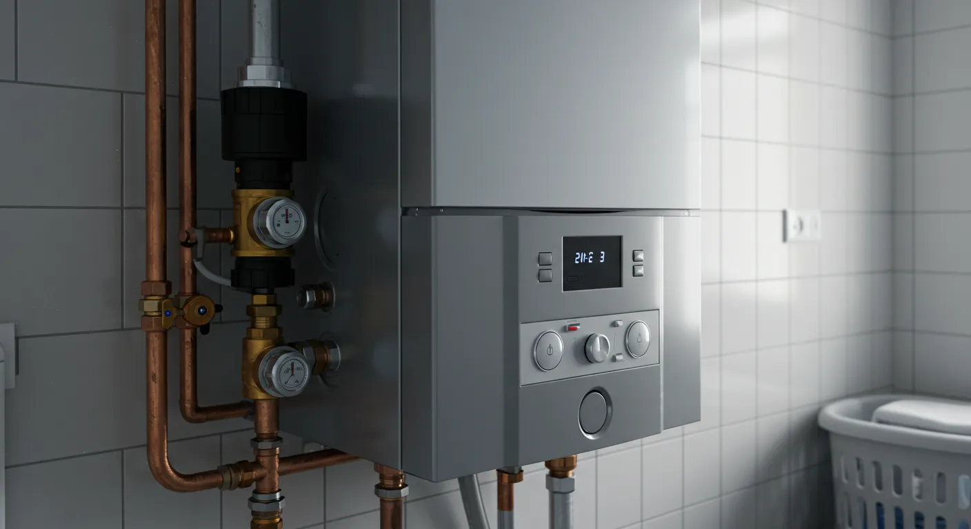 Modern boiler system with copper pipes, pressure gauges, and digital display reading 21°C, installed in a tiled room