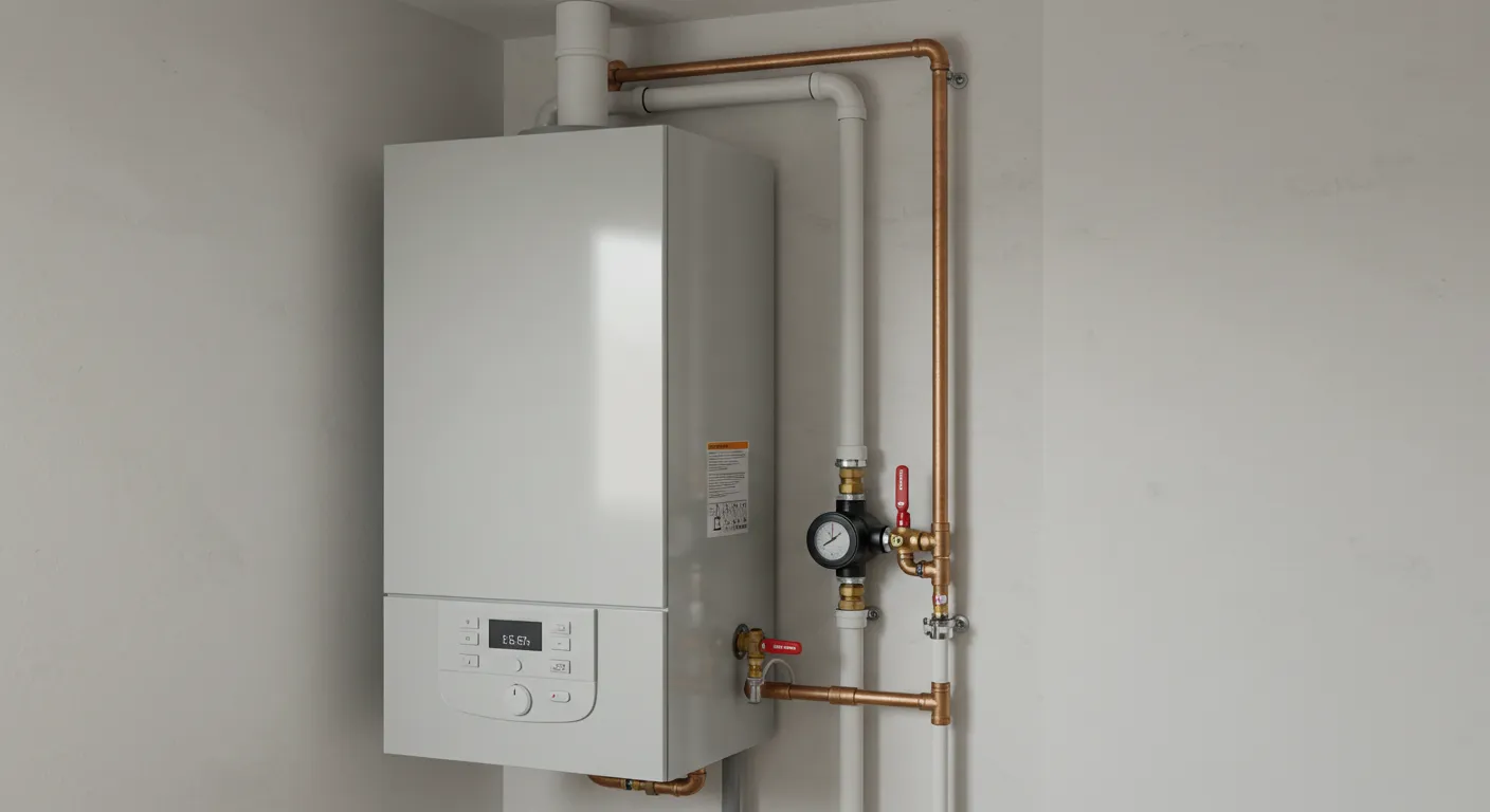 Wall-mounted boiler system with digital display, pressure gauge, and connected pipes in a clean white-walled room