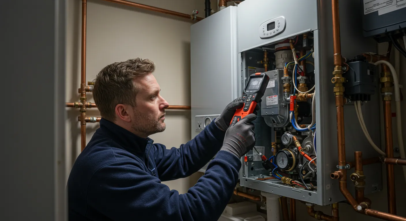 Technician using diagnostic tool on boiler system with visible pipes, gauges, and electrical components