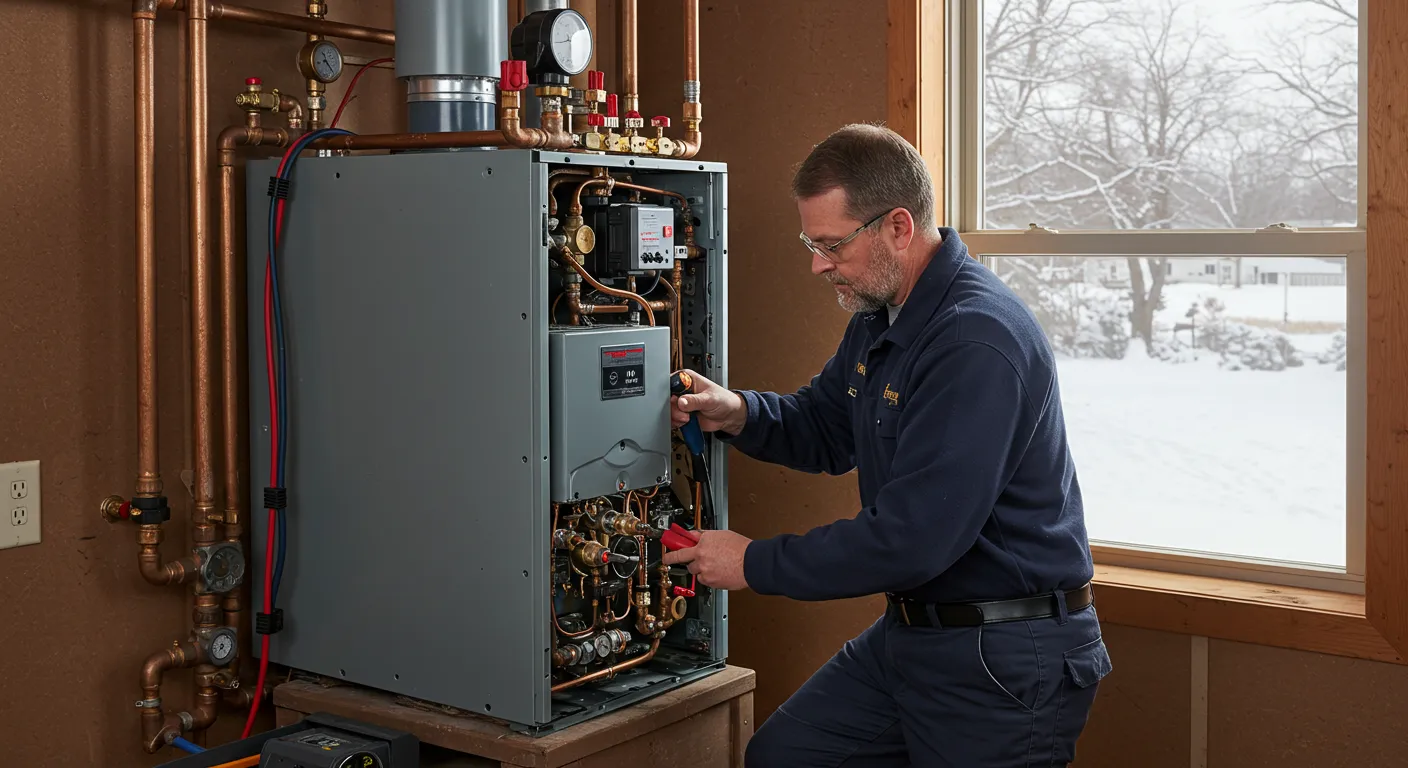 Technician repairing furnace system with visible pipes and gauges, snowy landscape seen through window