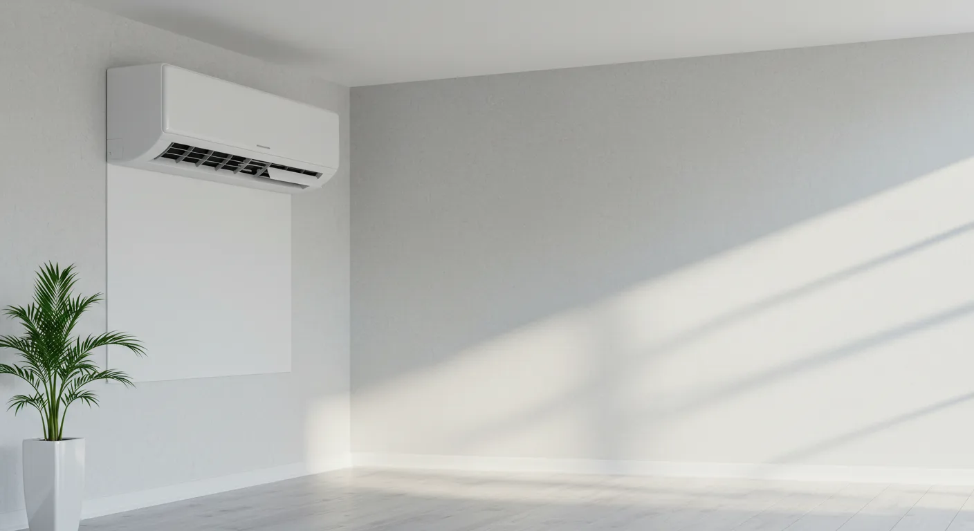 Modern room featuring a wall-mounted air conditioner, a tall potted plant, and natural light casting soft shadows on a light gray wall.