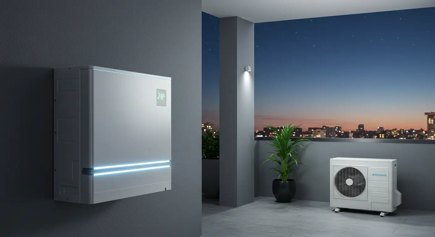 A modern air conditioning unit mounted on a balcony wall, with a city skyline at dusk in the background and a decorative plant nearby.