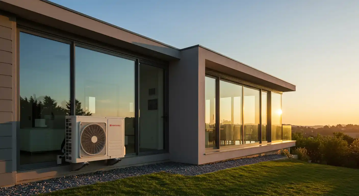 Modern house exterior with large glass windows, featuring an outdoor air conditioning unit, bathed in warm sunset light.
