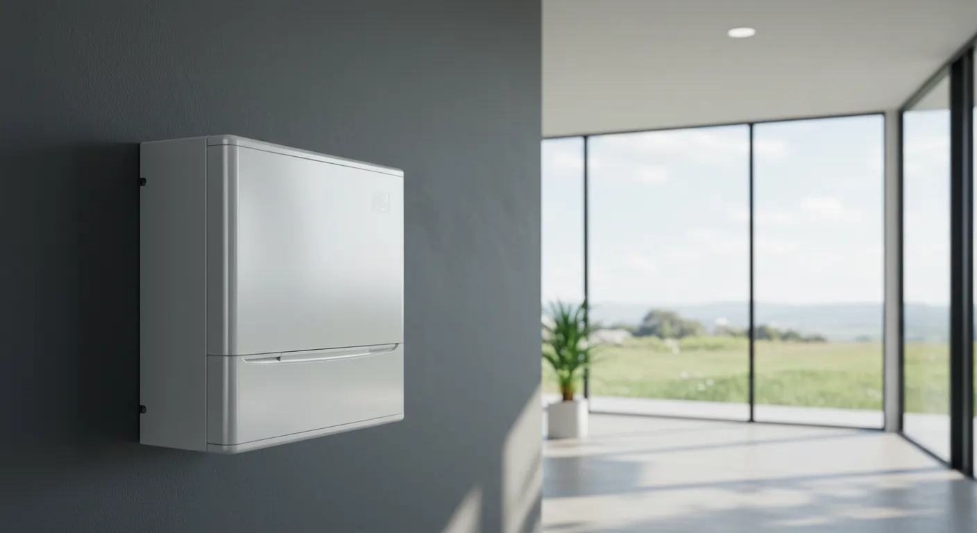 A sleek white wall unit in a modern interior, with large windows showcasing a scenic green landscape outside.