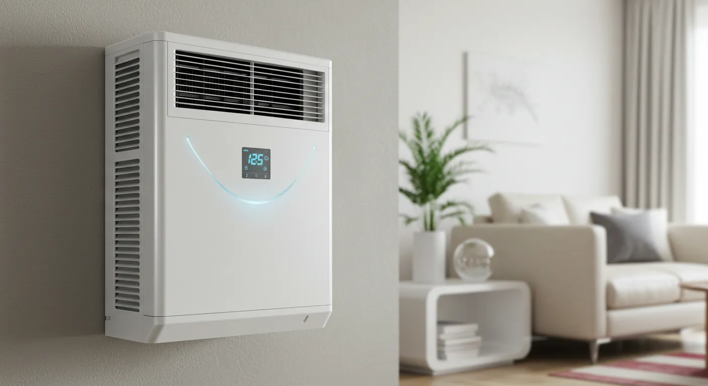 A modern, white wall-mounted air conditioner displays a digital temperature of 25°C, set in a stylish, cozy living room.
