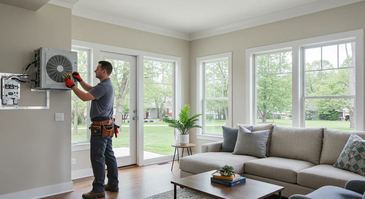 A technician installs a wall-mounted air conditioning unit in a bright, modern living room with large windows and green views outside.