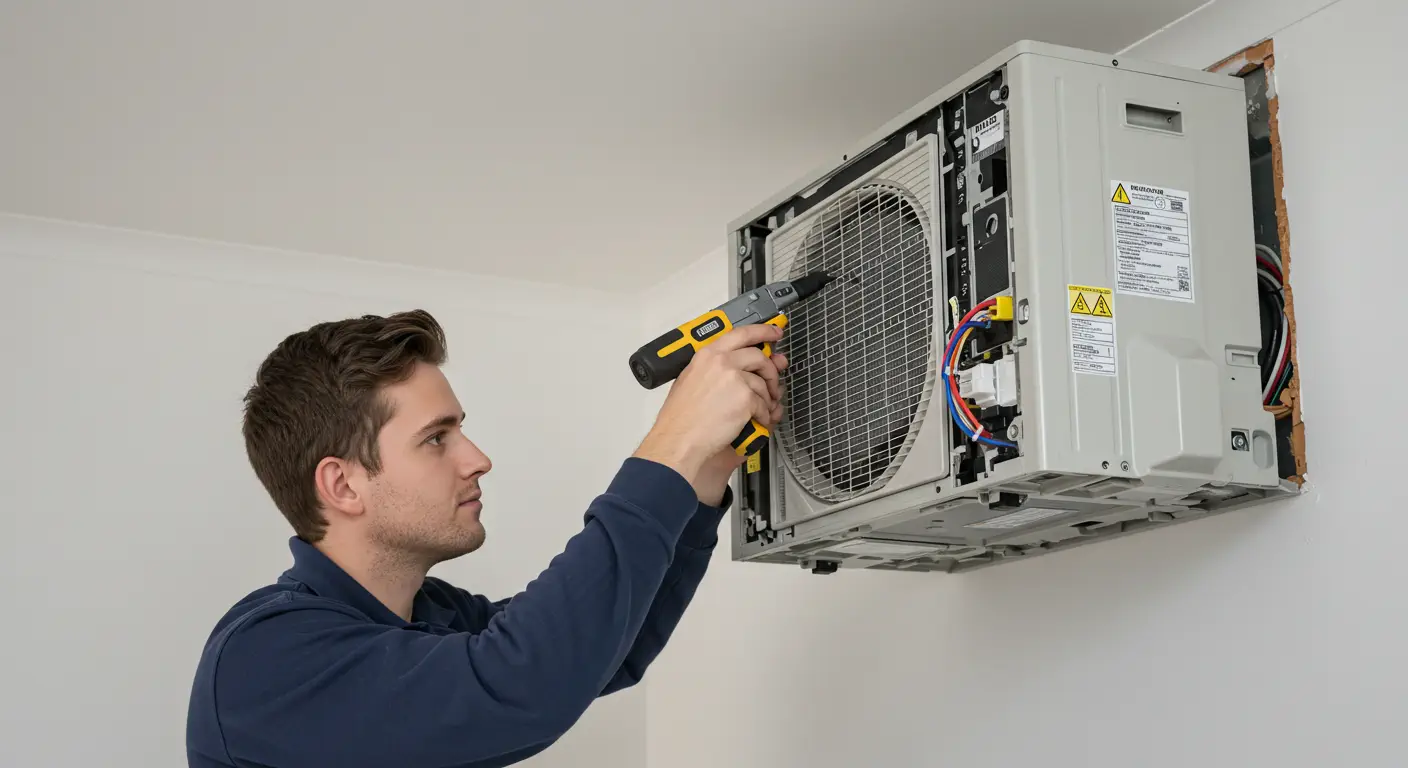 A technician is using a power drill to install an air conditioning unit on a white wall. Tools and wiring are visible around the unit.