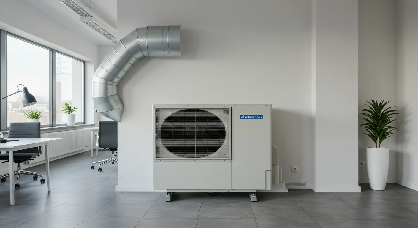 An air conditioning unit installed in a modern office space, with large windows, black chairs, and a potted plant nearby.