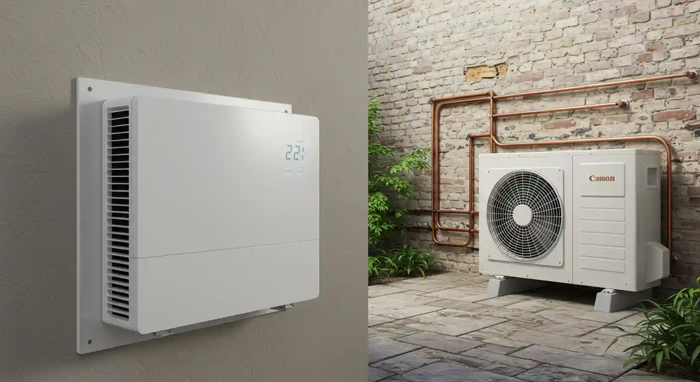 A wall-mounted indoor air conditioner beside an outdoor unit in a brick courtyard, featuring greenery and copper piping.
