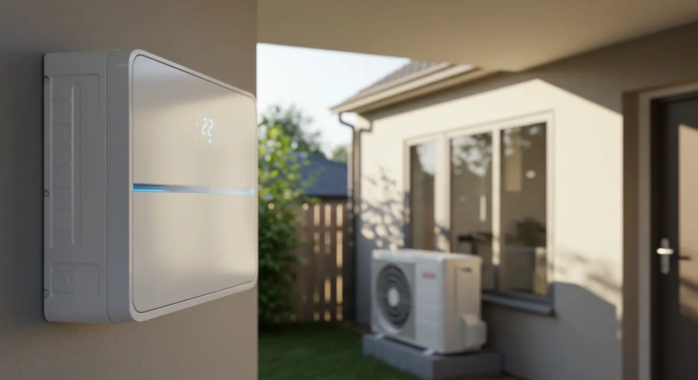 A modern thermostat mounted on a wall, displaying a temperature of 22°C, next to an outdoor air conditioning unit.