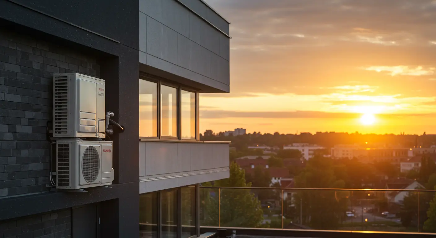 An air conditioning unit mounted on a modern building's exterior, with a vibrant sunset illuminating the cityscape in the background.