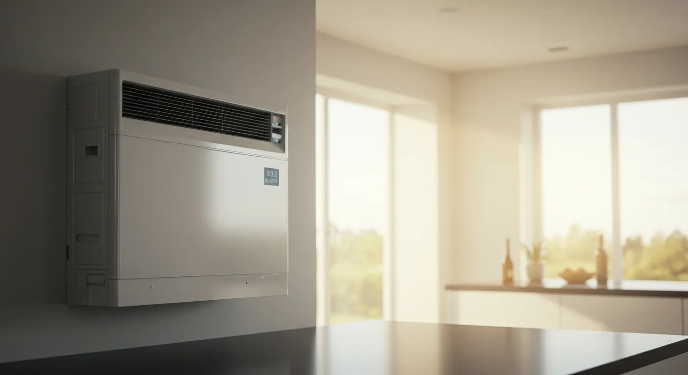 A sleek, modern wall-mounted air conditioning unit in a bright, airy kitchen with large windows and a minimalist design.