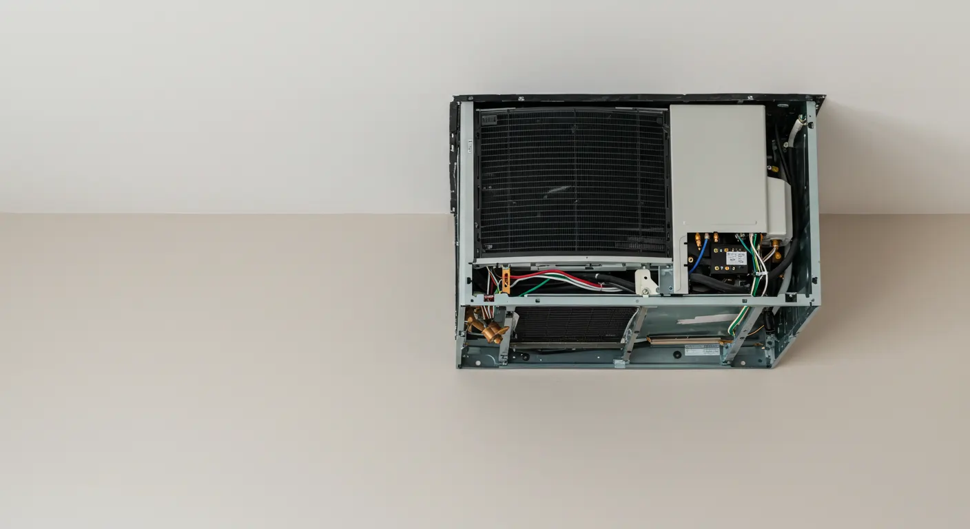 A ceiling-mounted air conditioning unit showcasing internal components like cooling coils and wiring against a light beige background.