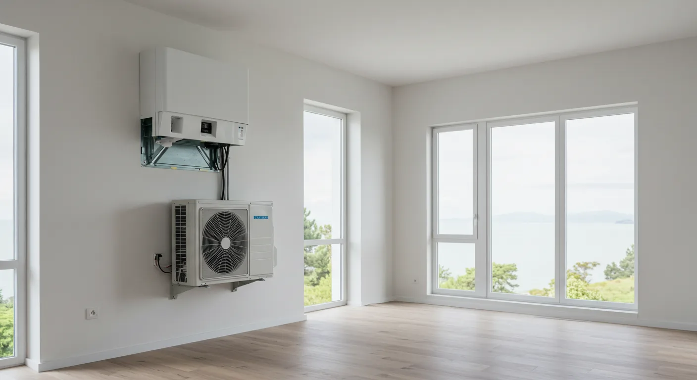 A spacious, modern room with large windows, featuring a mounted air conditioning unit on the wall and a serene view outside.