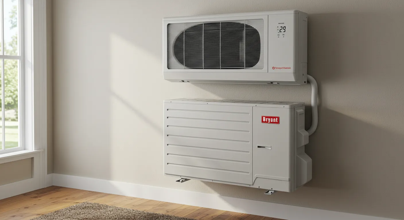 A wall-mounted Bryant air conditioning unit with digital display and temperature reading, next to an outdoor compressor unit.