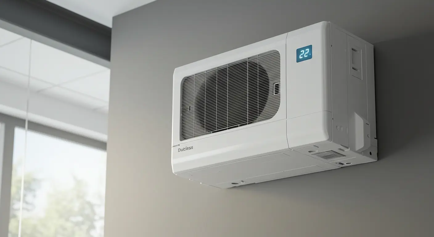 A sleek, white ductless air conditioning unit mounted on a gray wall, displaying a digital temperature of 22°C.
