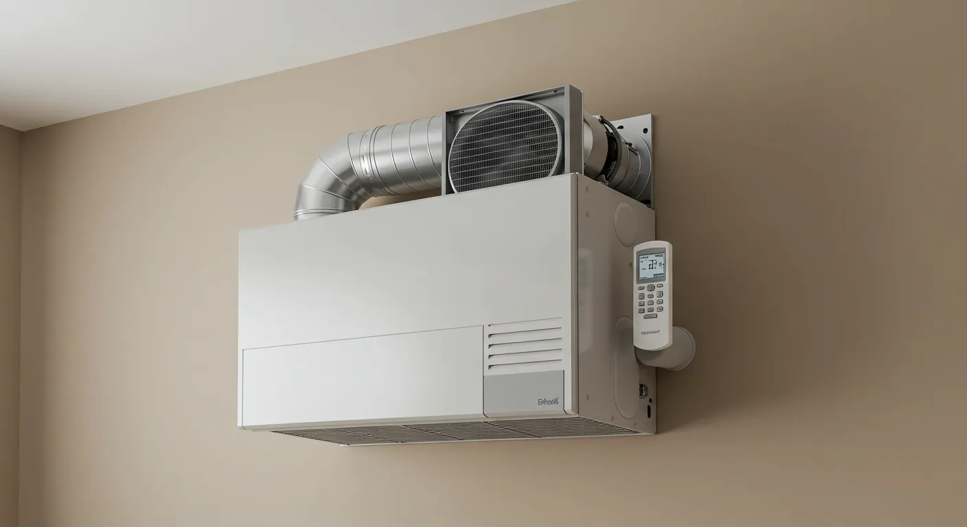 Wall-mounted air conditioning unit with ductwork and remote control, installed on a beige wall for indoor cooling.