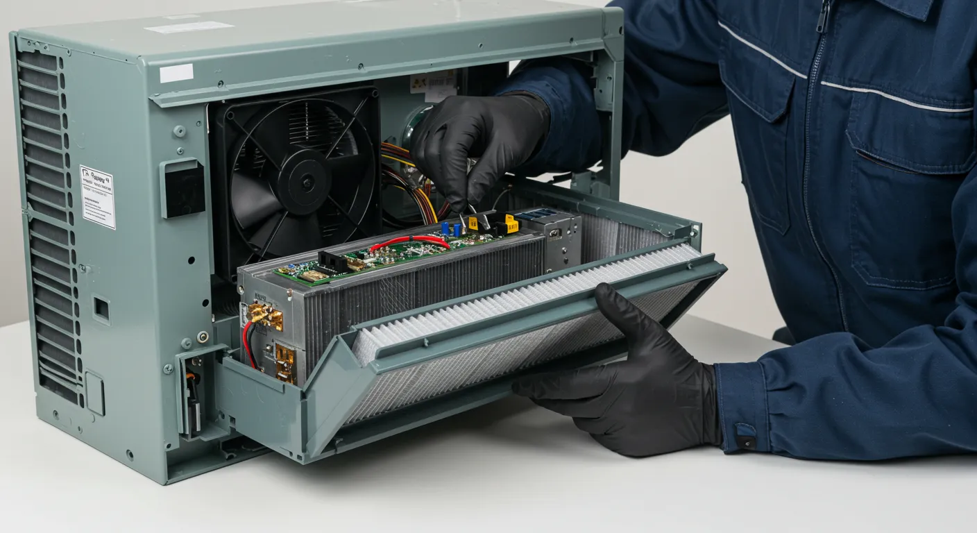A technician working on maintaining a heater wearing gloves
