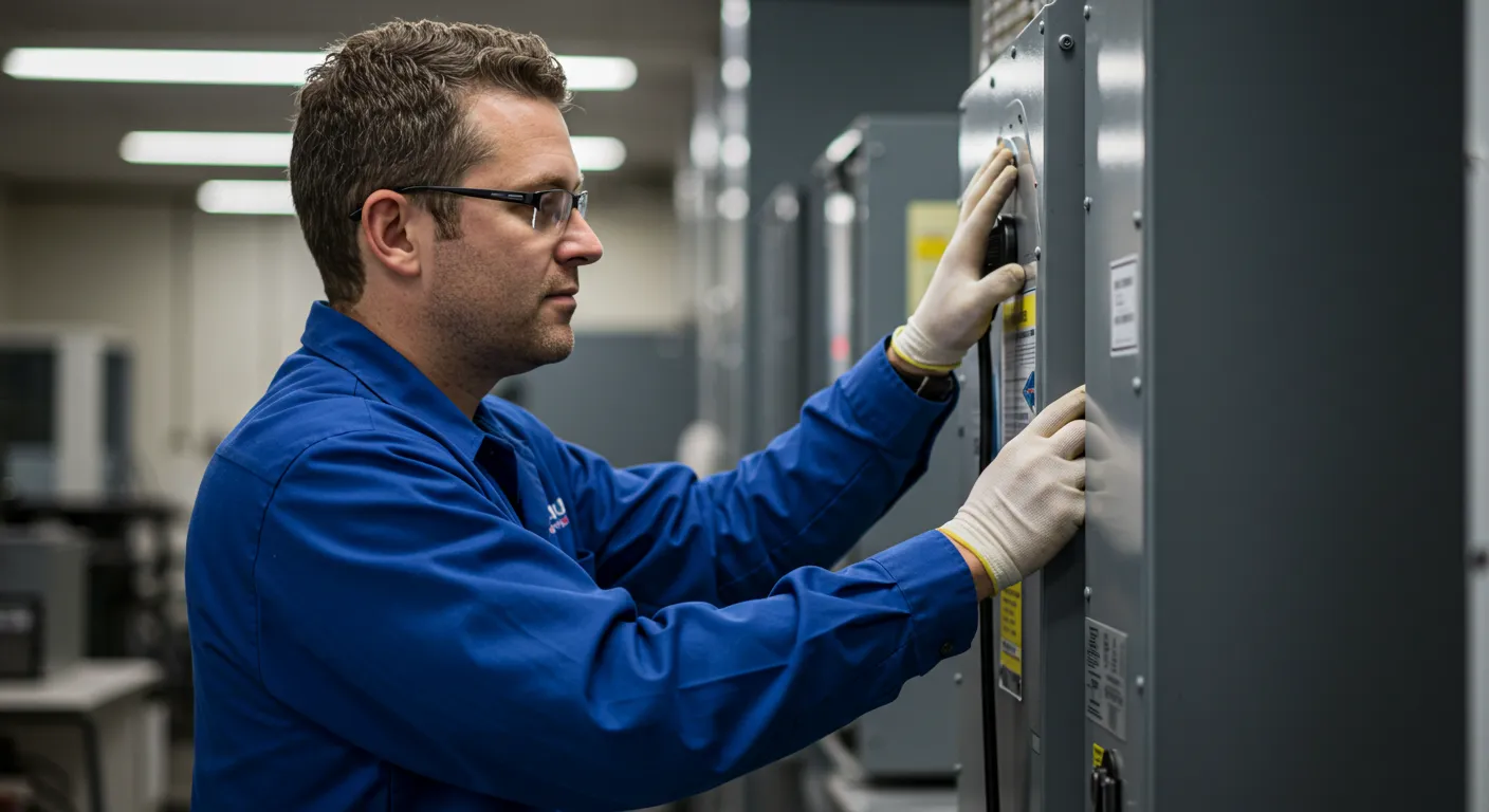 A technician wearing blue shirt and white gloves is checking a furnace system