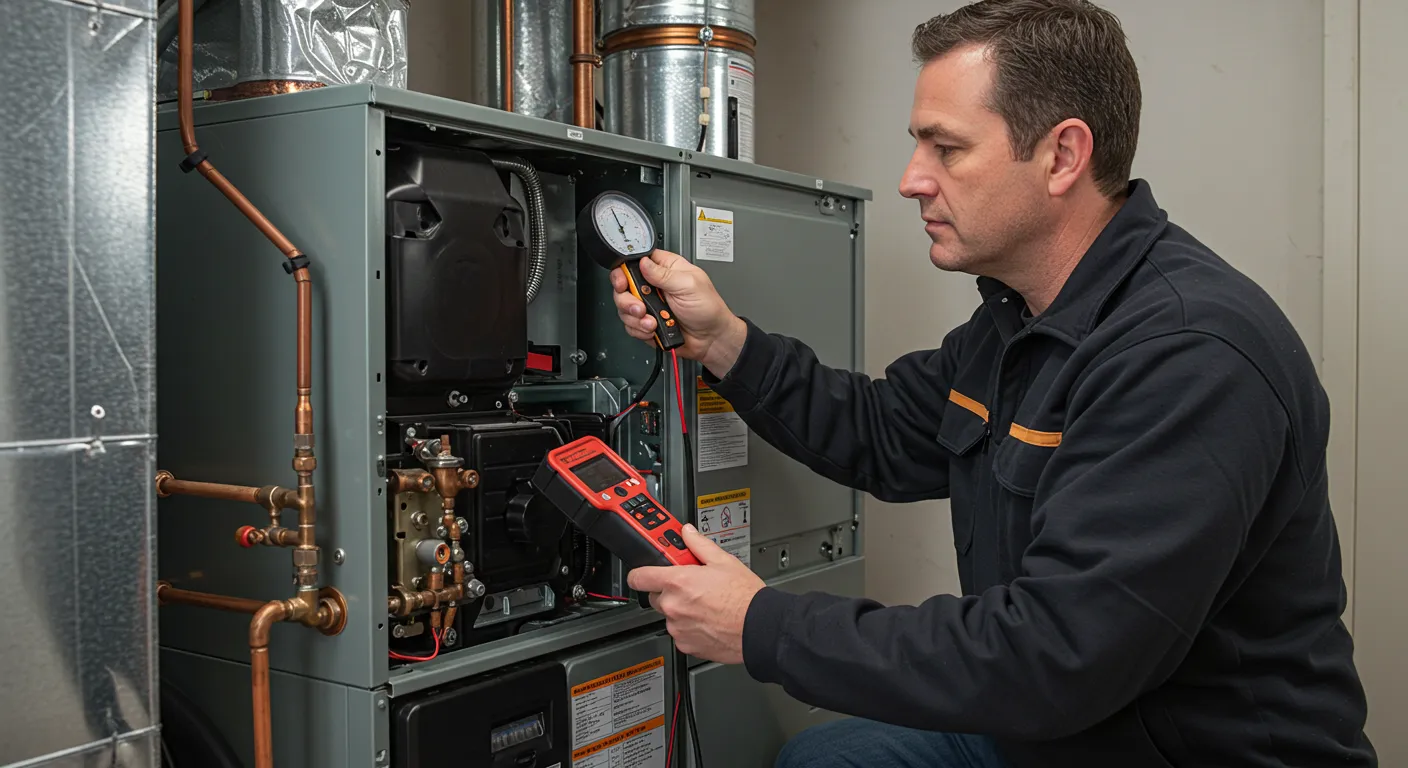 A technician is checking a heating system using different tools