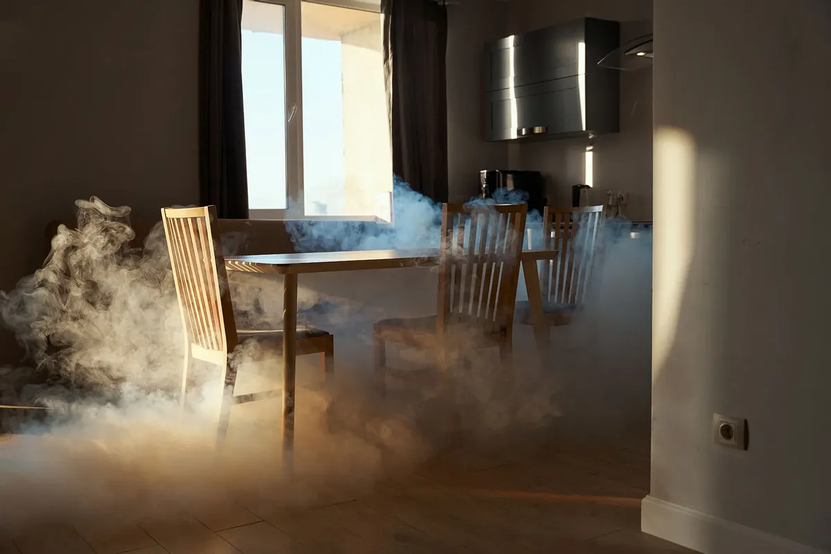 A room is filled with thick, hazy smoke.