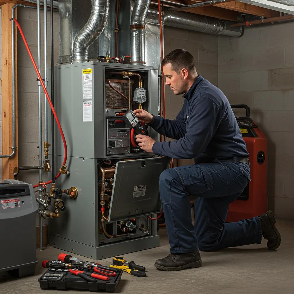 Technician inspecting furnace during autumn tune-up