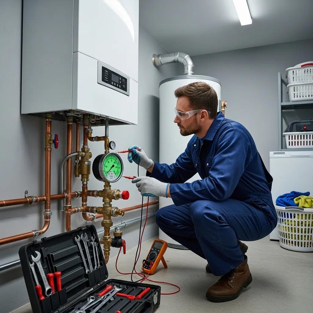 Technician checking a home boiler, pointing out common issues and safety checks