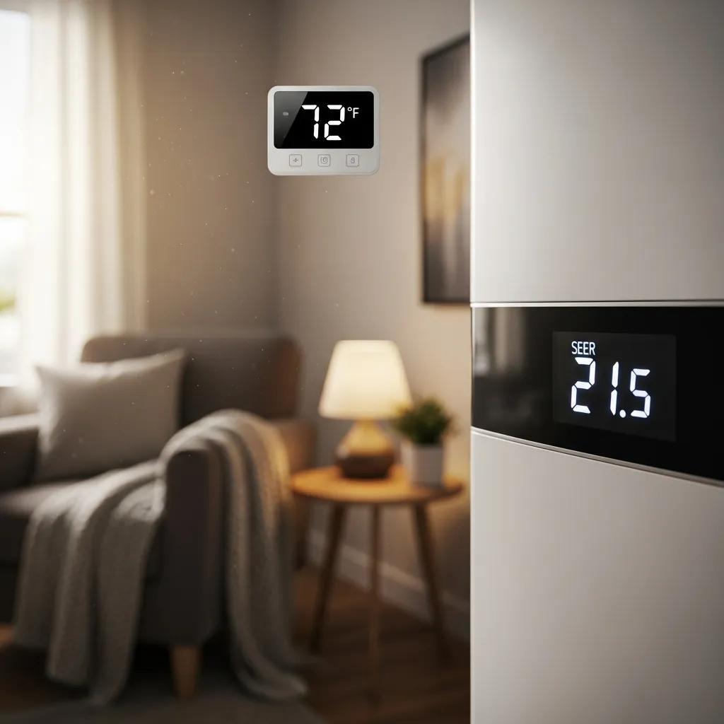 Close-up of a heat pump's SEER rating display in a cozy living room setting