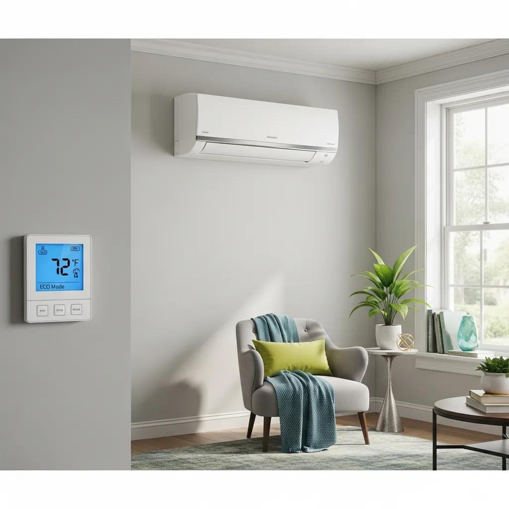 Modern energy-efficient air conditioning unit with a programmable thermostat in a stylish home