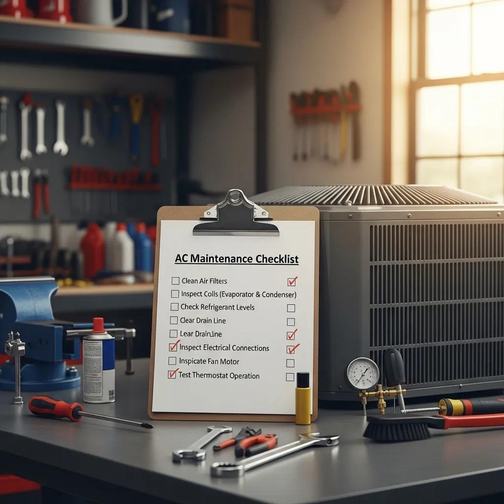 Checklist for air conditioner maintenance with tools and an AC unit in a workshop
