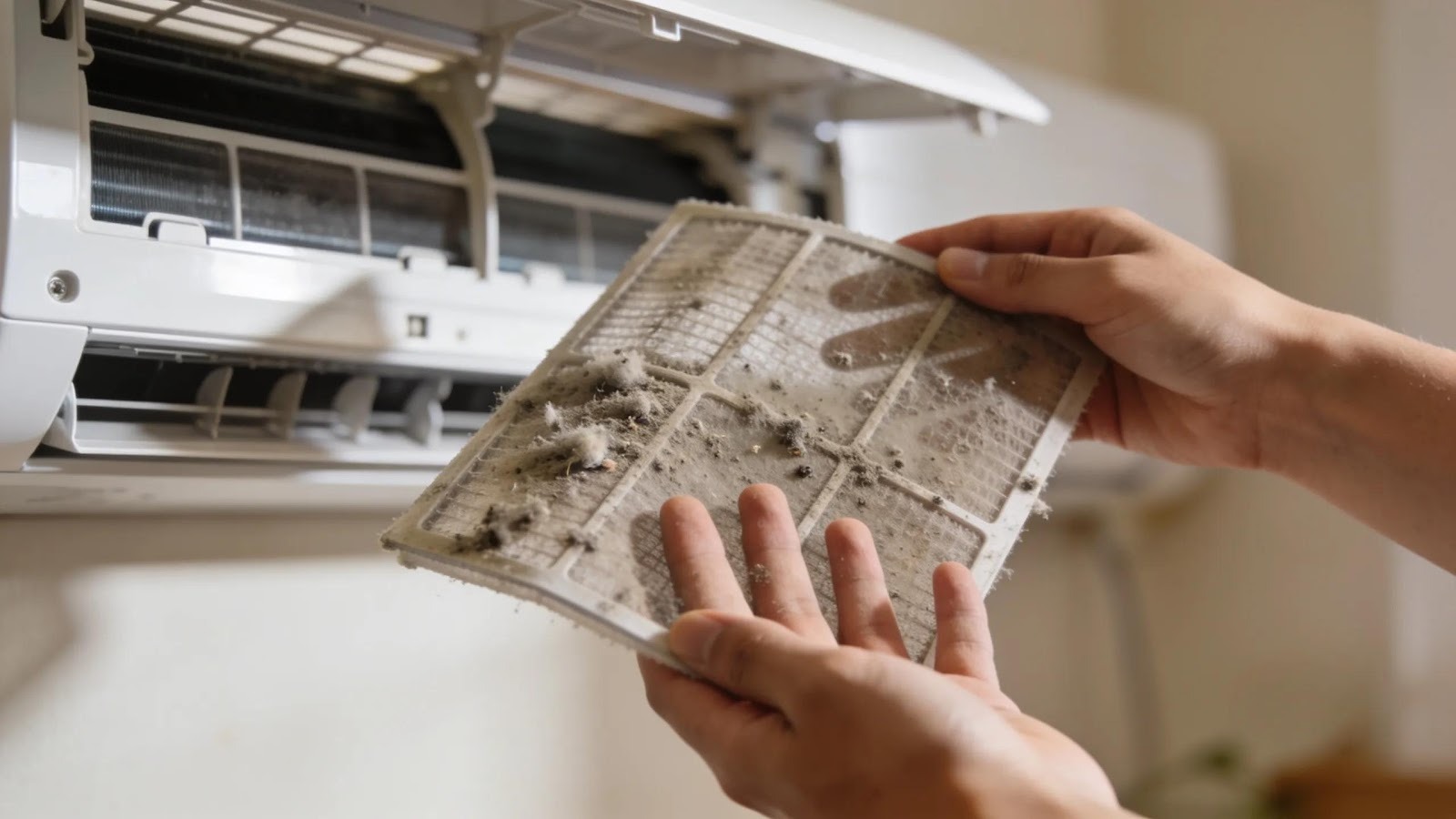 Homeowner inspecting a dirty air filter to highlight AC maintenance