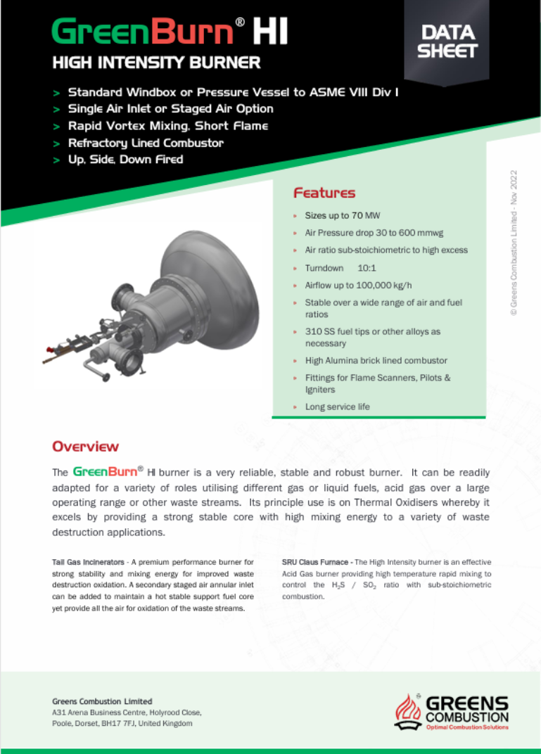 Greens Combustion GreenBurn HI high intensity burner datasheet, featuring product design image, technical features including rapid vortex mixing, refractory lined combustor, and wide fuel range capability, with overview of performance in thermal oxidisers and waste destruction applications.