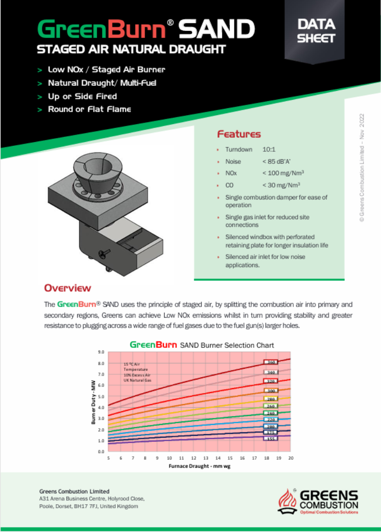 Greens Combustion GreenBurn SAND staged air natural draught burner datasheet, showing product design diagram, performance features such as low NOx and multi-fuel capability, and burner duty selection chart.