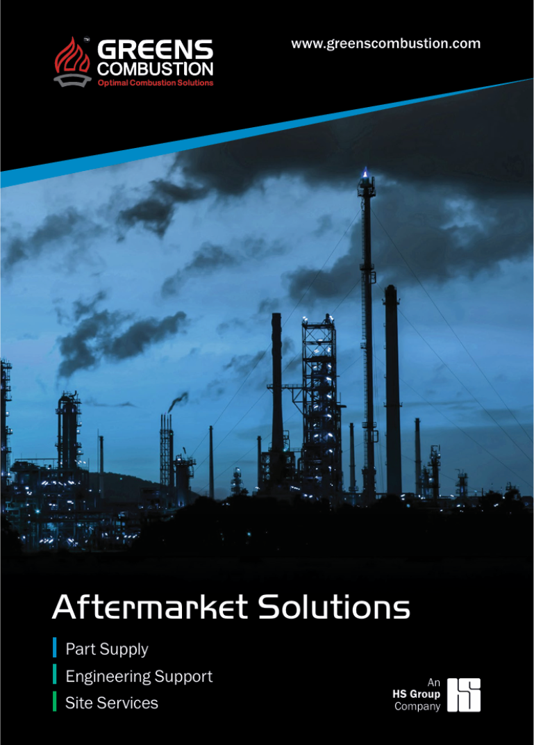 Cover page of Greens Combustion Aftermarket Solutions brochure with industrial refinery skyline under a blue colour overlay, featuring company logo, website address, and services including part supply, engineering support, and site services.