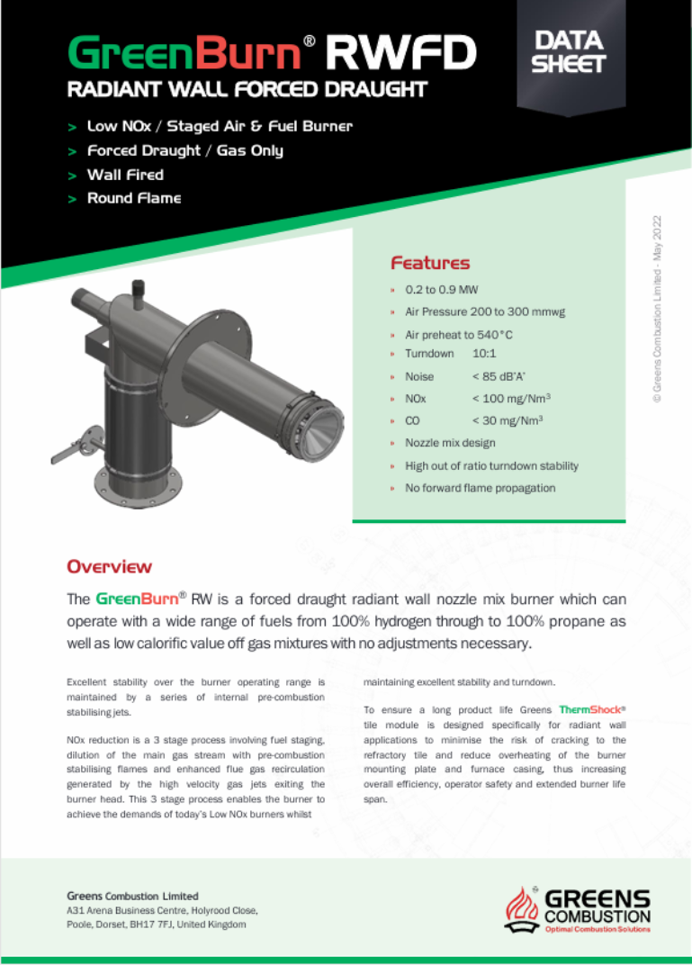 Greens Combustion GreenBurn RWFD radiant wall forced draught burner datasheet, featuring product design image, technical features such as low NOx emissions, nozzle mix design, and wide fuel range capability, with overview of performance and ThermShock module integration.