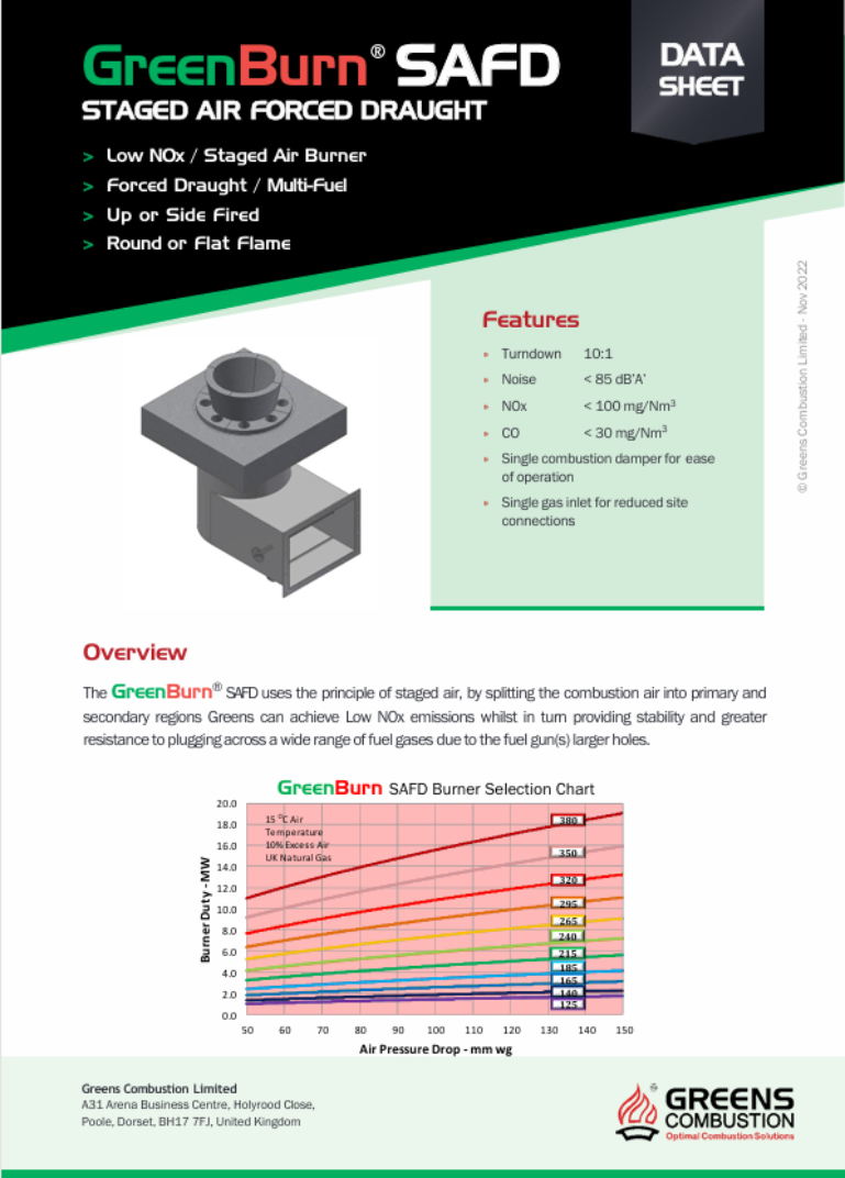 Greens Combustion GreenBurn SAFD staged air forced draught burner datasheet, showing product design diagram, technical features such as low NOx and multi-fuel capability, and burner duty selection chart.