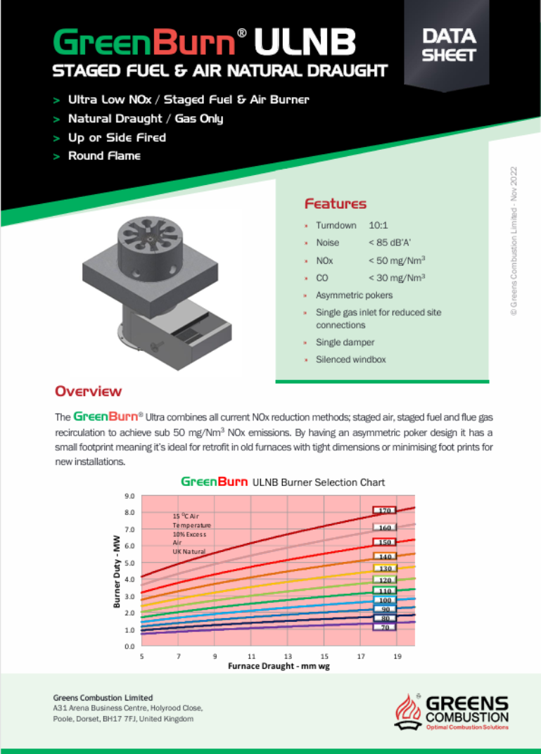 Greens Combustion GreenBurn ULNB staged fuel and air natural draught burner datasheet, featuring product design diagram, key features such as ultra-low NOx emissions and compact footprint, and burner duty selection chart.