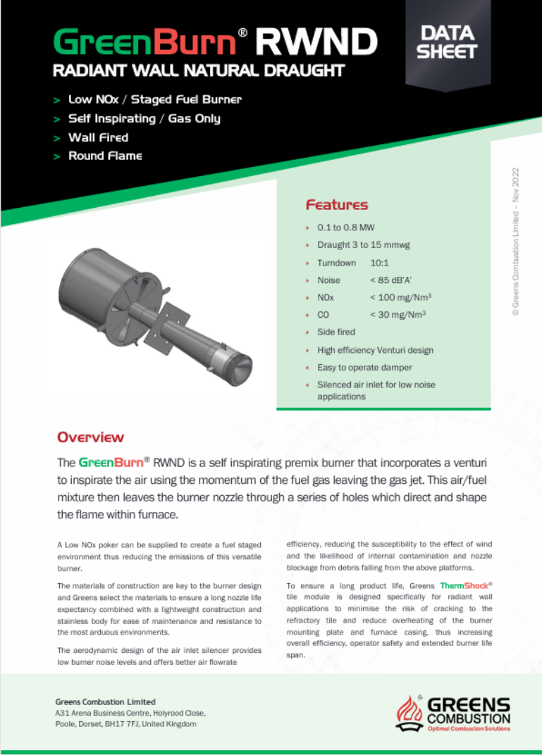 Greens Combustion GreenBurn RWND radiant wall natural draught burner datasheet, showing product design image, technical features such as self-inspiring venturi design, low NOx emissions, and high efficiency, with overview of performance and ThermShock module integration.