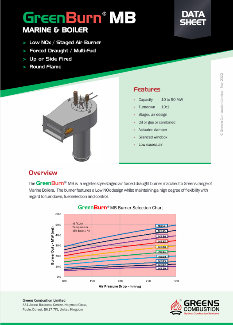 Greens Combustion GreenBurn MB marine and boiler burner datasheet, showing product design image, technical features including low NOx staged air design, oil or gas fuel flexibility, and burner selection chart.