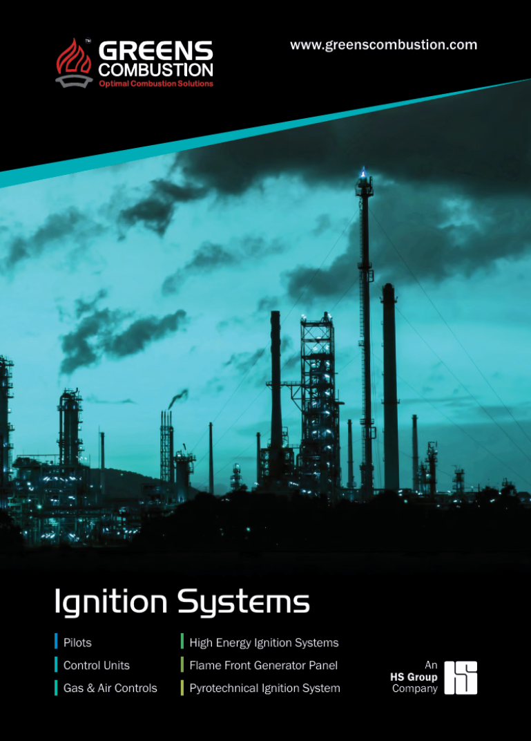 Cover page of Greens Combustion Ignition Systems brochure with industrial refinery skyline under a teal colour overlay, featuring company logo, website address, and listed services including pilots, control units, gas and air controls, high energy ignition systems, flame front generator panels, and pyrotechnical ignition systems.