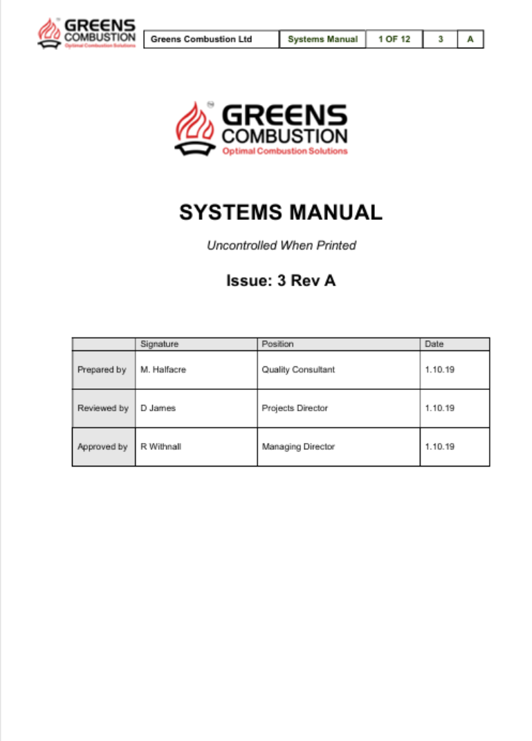 Greens Combustion Systems Manual cover page, Issue 3 Rev A, prepared by Quality Consultant M. Halfacre, reviewed by Projects Director D. James, and approved by Managing Director R. Withnall.