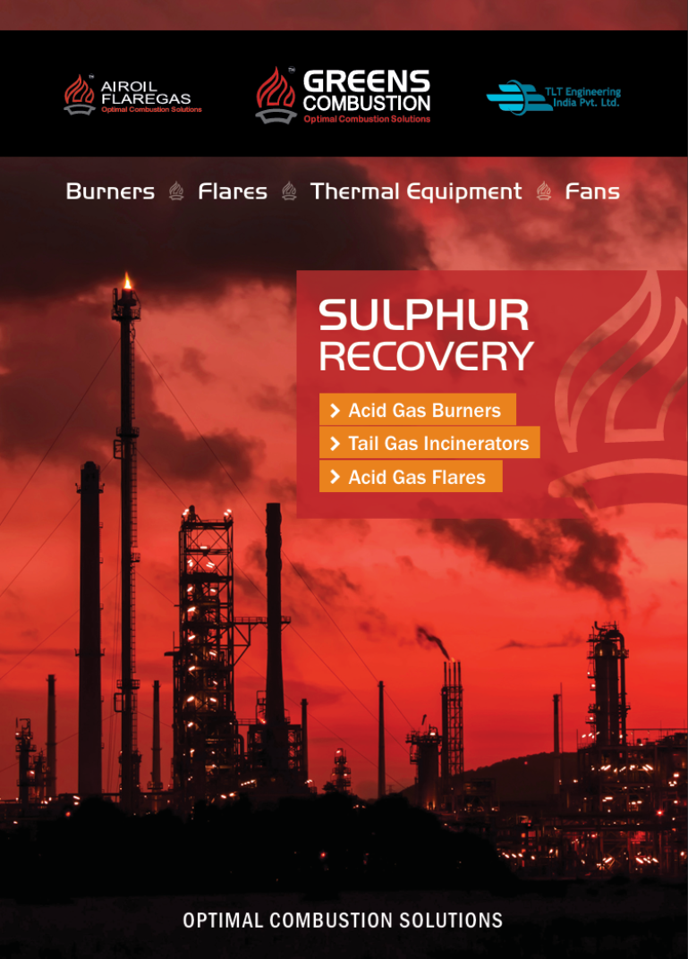 Cover page of Greens Combustion Sulphur Recovery brochure with industrial refinery skyline under a red colour overlay, featuring company logos and services including acid gas burners, tail gas incinerators, and acid gas flares.