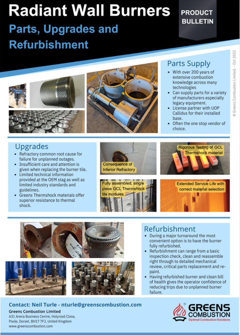 Preview of Greens Combustion product bulletin for Radiant Wall Burners, showing parts, upgrades, and refurbishment information with supporting images, technical details, and company contact information.