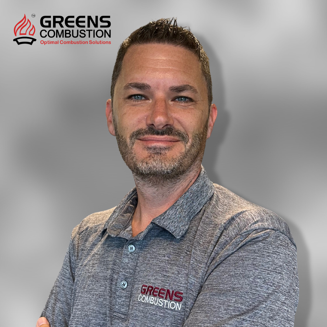 Darren Gordon, Burners Manager at Greens Combustion, professional portrait with company logo background.
