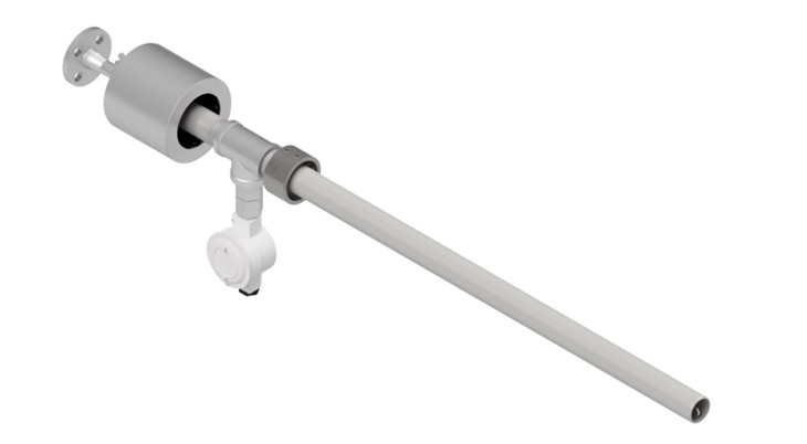 3D render of a self inspirating pilot burner with ignition tube and integrated mounting flange
